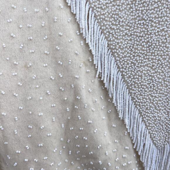 Vintage Gene Shelly's Cream Beaded Fringe Cardigan Sweater Womens Medium - Picture 13 of 16